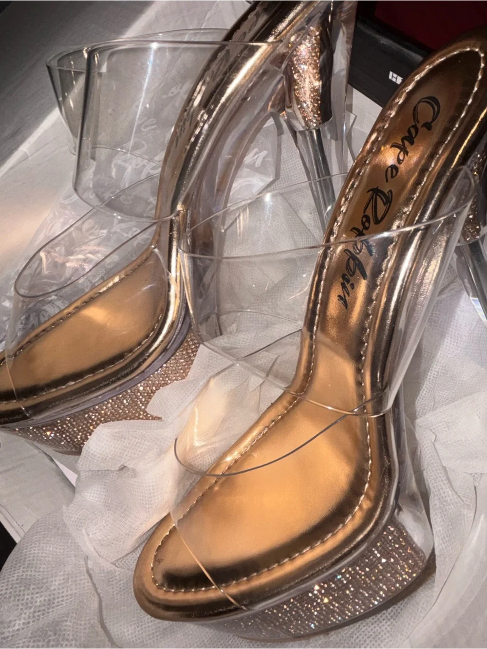 Clear Platform Glitter High Heels - Rose Gold